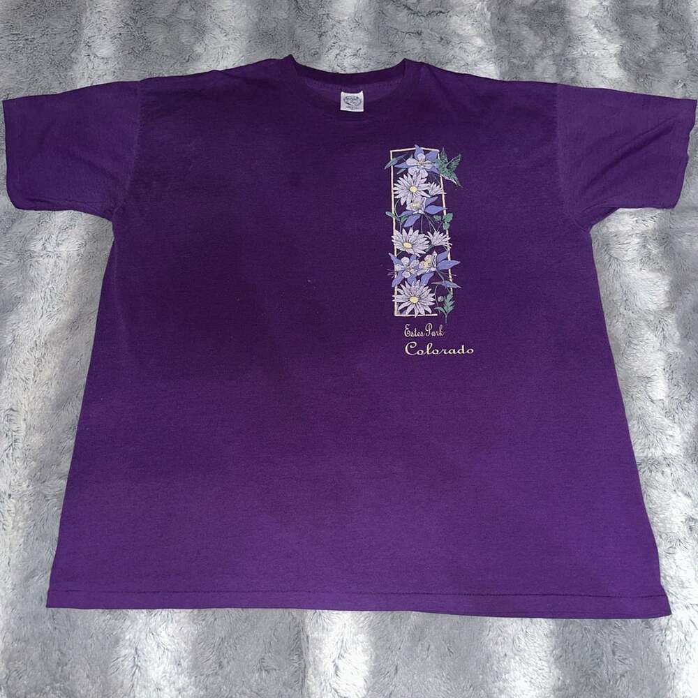 Vintage Estes Park Colorado Purple Flower Graphic T-Shirt SINGLE STITCH